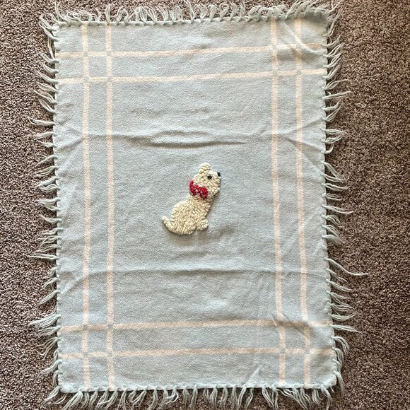 Vintage 1940's-1950's Baby Pepperell Blue Baby Crib Blanket with Dog - Picture 1 of 5